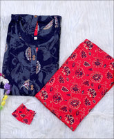 Cotton Block Print Blue Kurti Set with matching face Mask